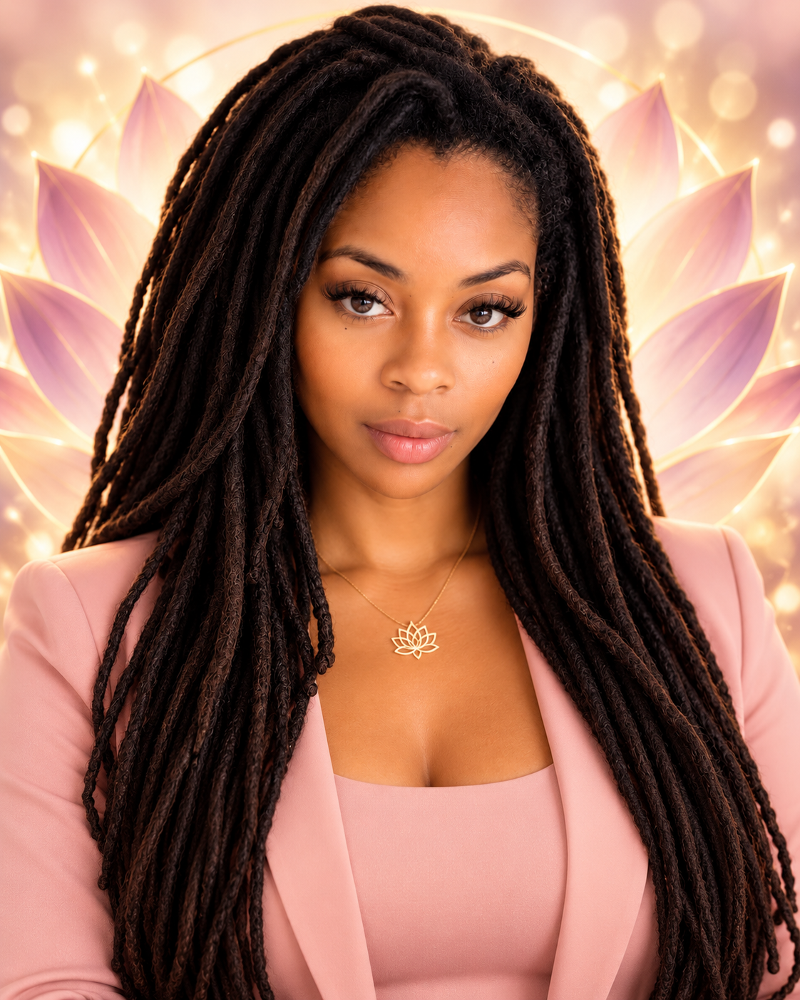 Susan, founder of The Lotus Academy, wearing a blush pink blazer and a gold lotus necklace in front of a glowing plum and gold lotus backdrop.