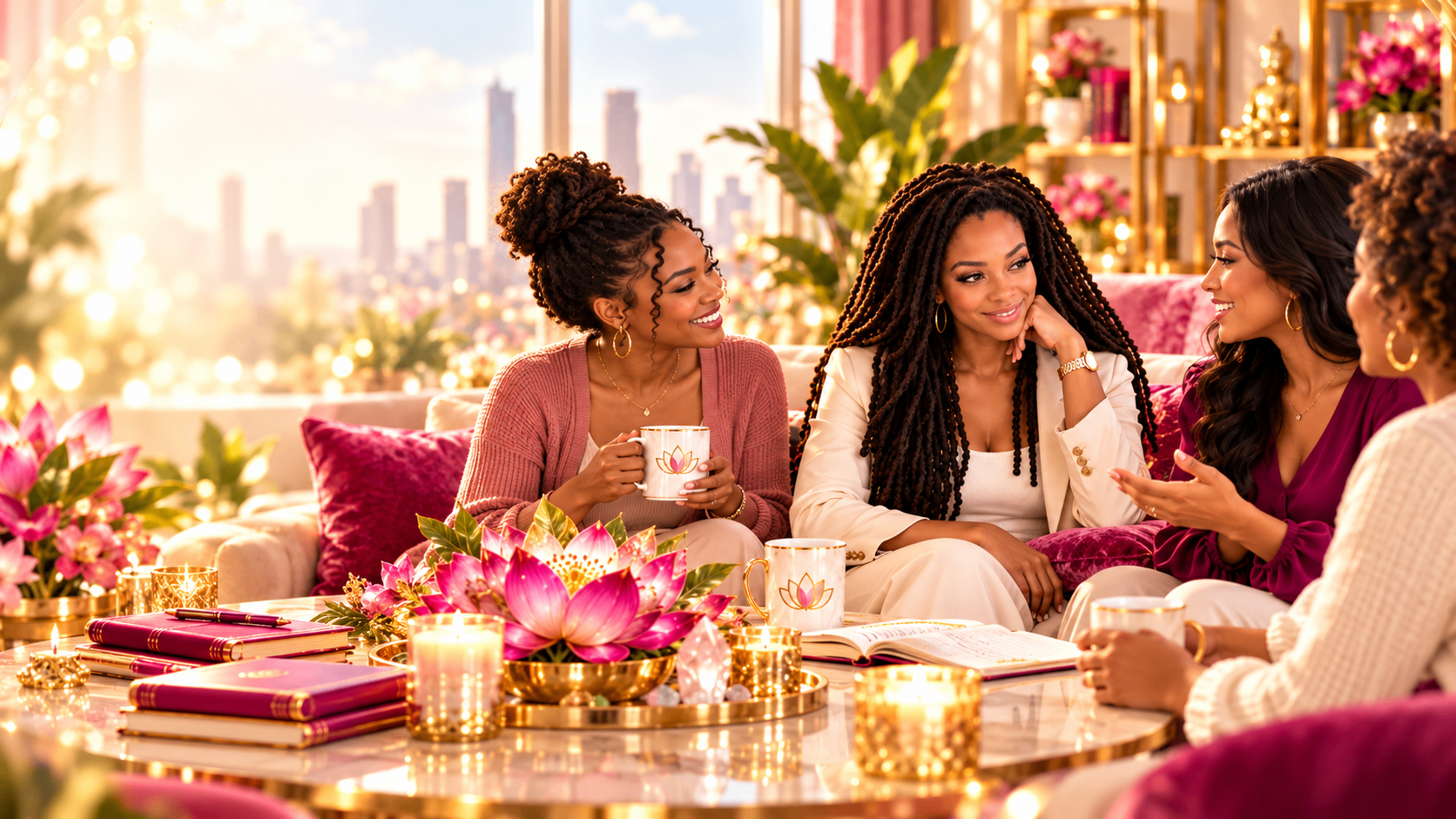 Women of The Lotus Academy Sister Circle gathered together with tea, journals, and pink lotus flowers.