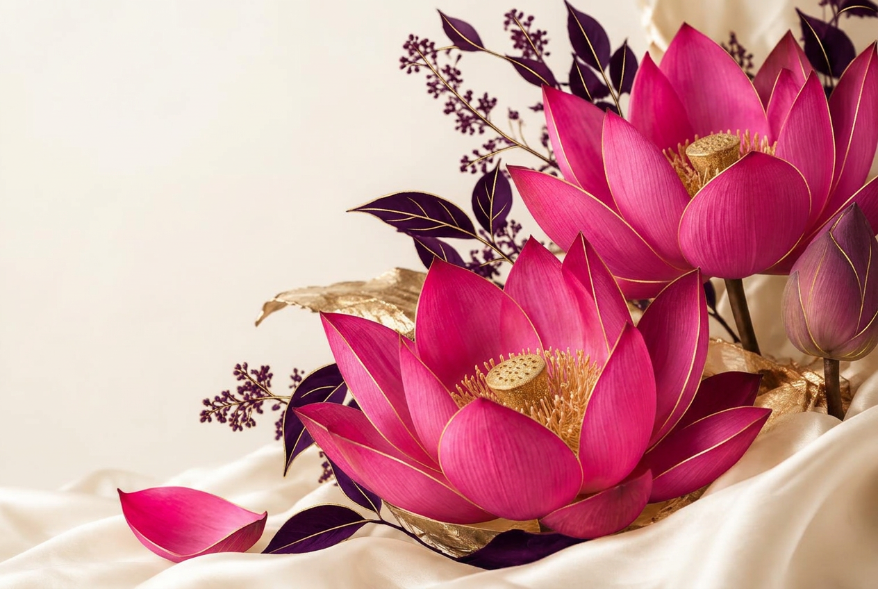 Vivid magenta lotus floral artwork with ivory silk, royal plum leaves, and metallic gold accents.